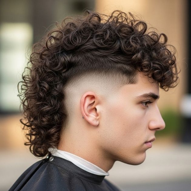 Curly Mullet with Skin Fade