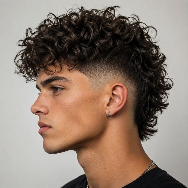 Messy Curly Mohawk with Taper Fade