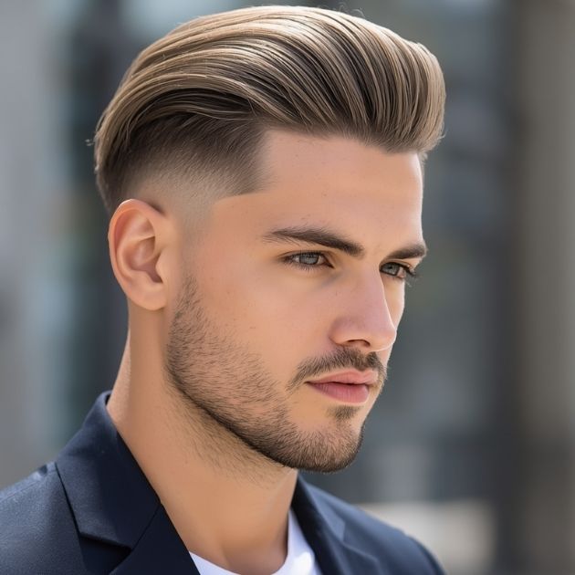 Straight Smooth Quiff with Mid Skin Fade