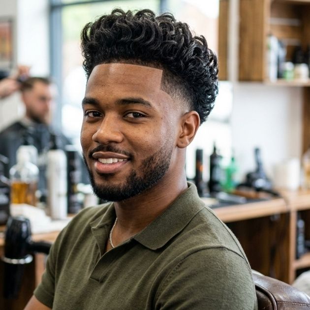 Curly Pompadour with Mid Taper Fade