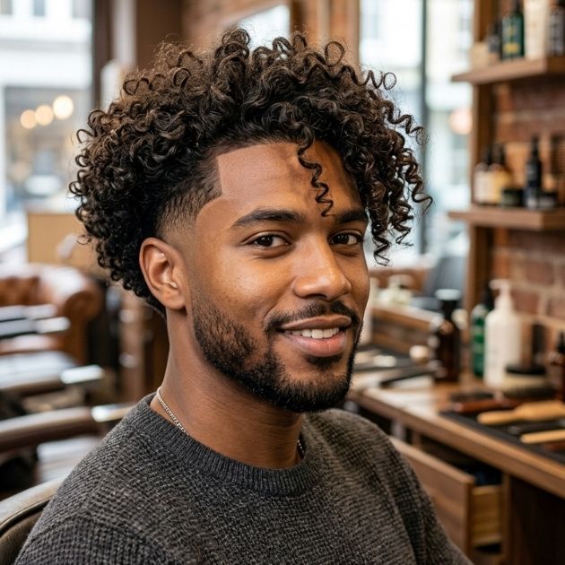 Long Curly Hair with Low Taper Fade