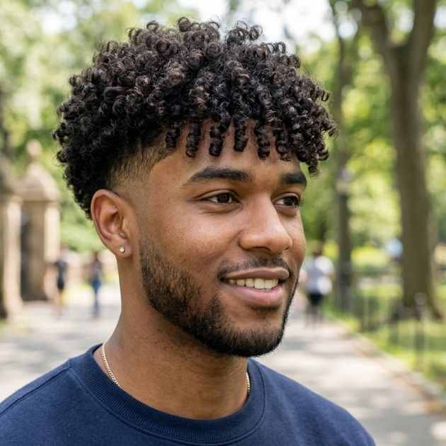 Low Taper Fade with Curly Fringe (Bangs)