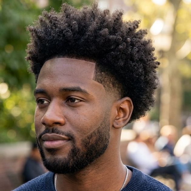 Low Taper Fade with High-Top Afro Curls