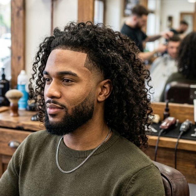 Low Taper Fade with Long Curly Hair