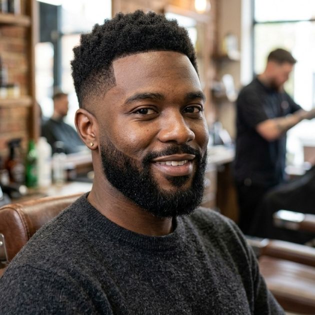 Short Afro with Beard and Mid Taper Fade