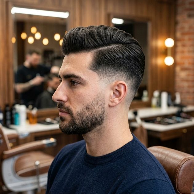 Short Parted Pompadour Taper Fade