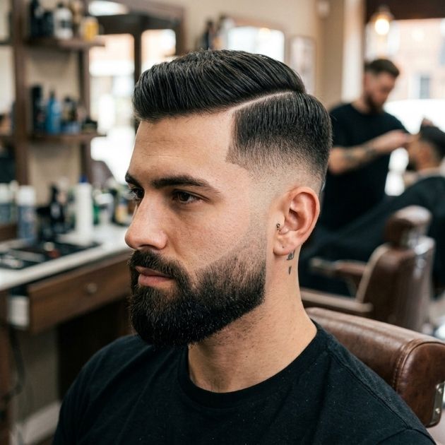 Side Part Skin Fade with Thick Hard Part and Blended Beard