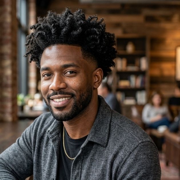 Thick, Black Curls with Mid Fade