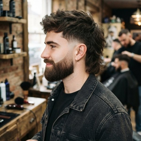 Burst Fade Mullet with Beard
