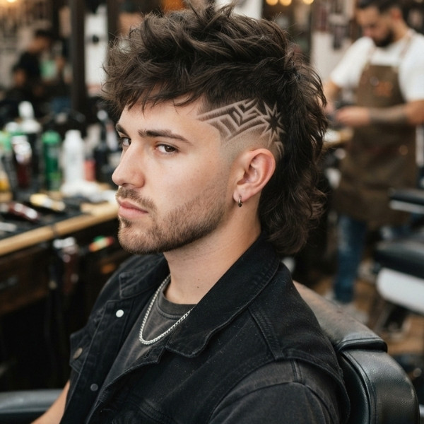 Burst Fade Mullet with Design