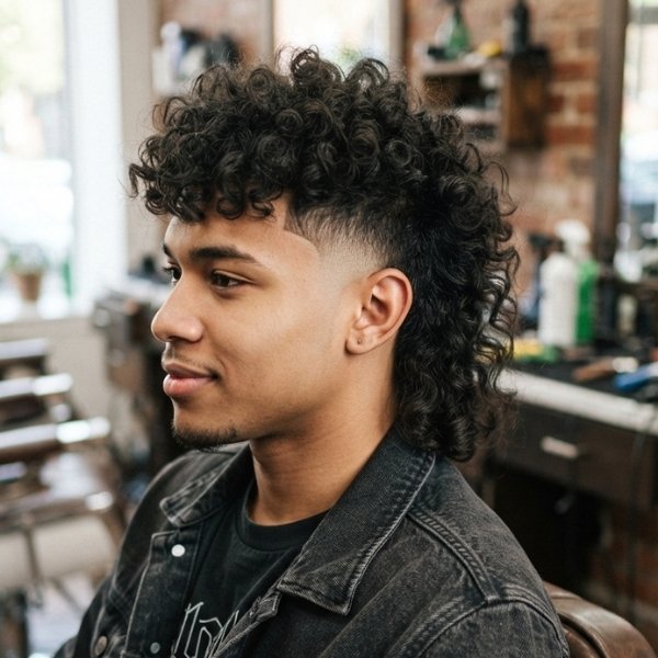 Curly Hair Burst Fade Mullet